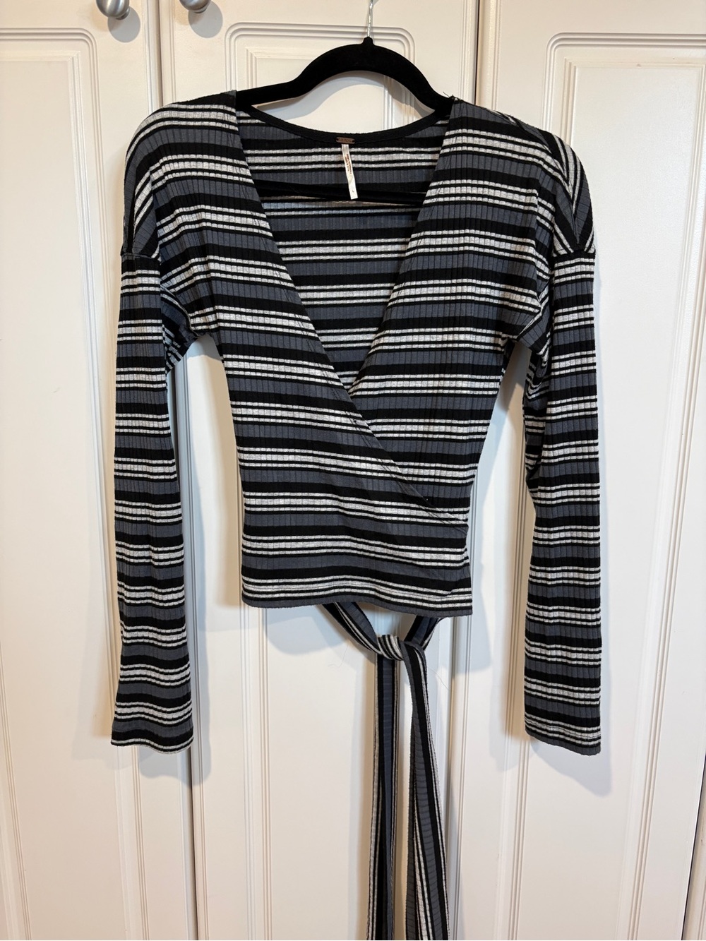 Striped Wrap Front Long-Sleeve Top in Black, Blue, and Gray